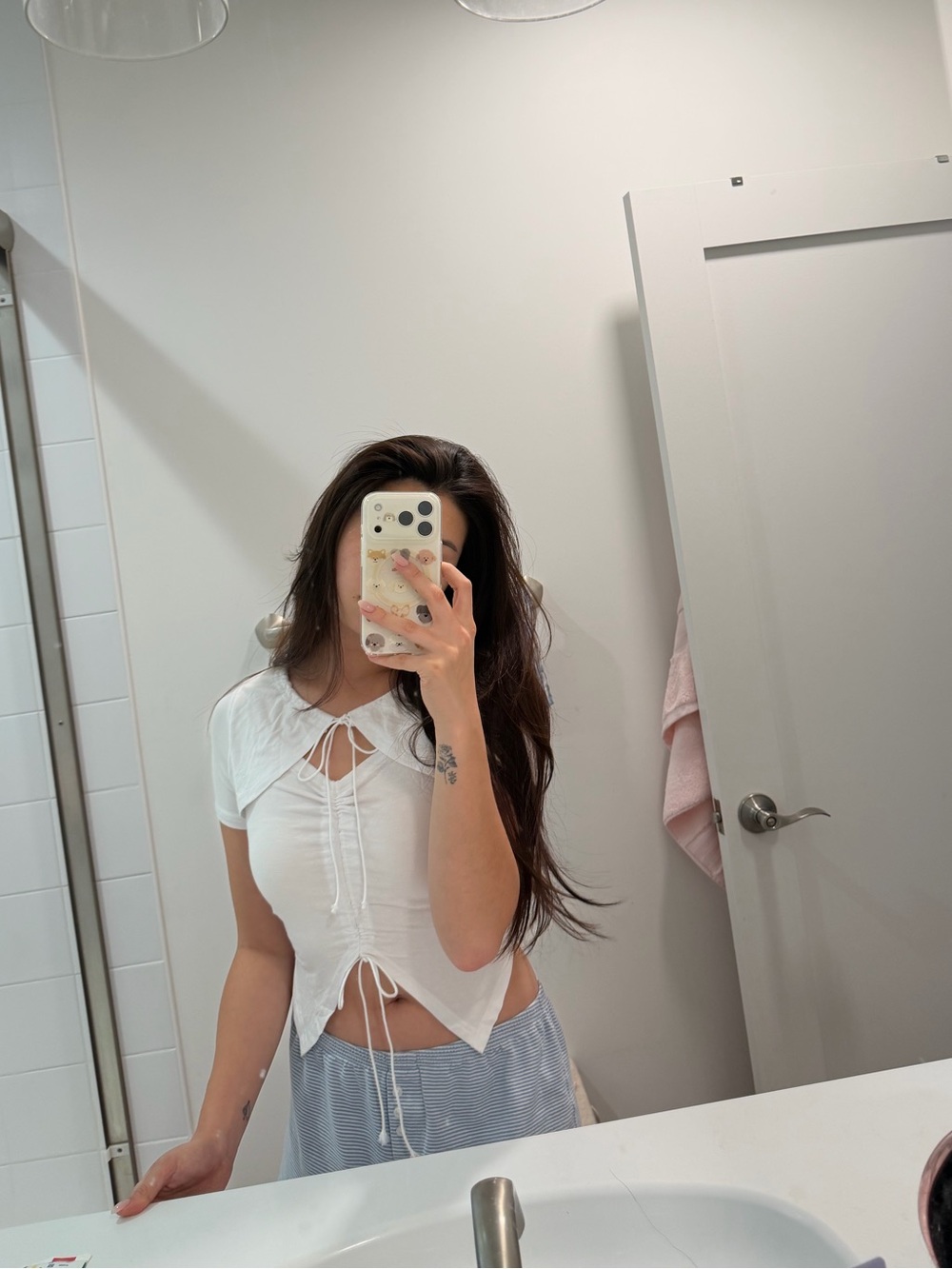 White tie front top with ruched detailing